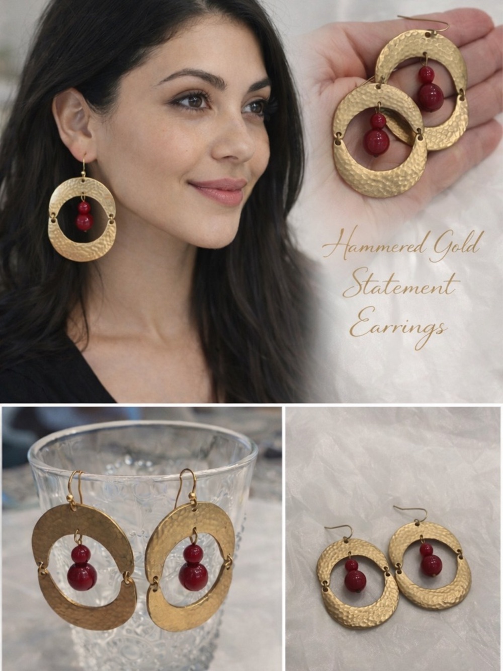 Hammered Gold Tone Statement Earrings Red Bead Drop Boho Chic Lightweight - Picture 2 of 6